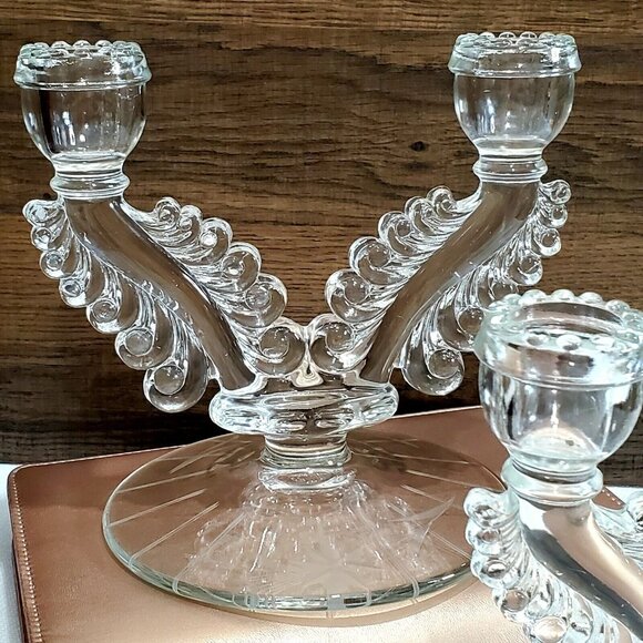 2 Etched Double Branch Candle Holder Susquehanna Glass 3848 candlestick vintage - Picture 2 of 9